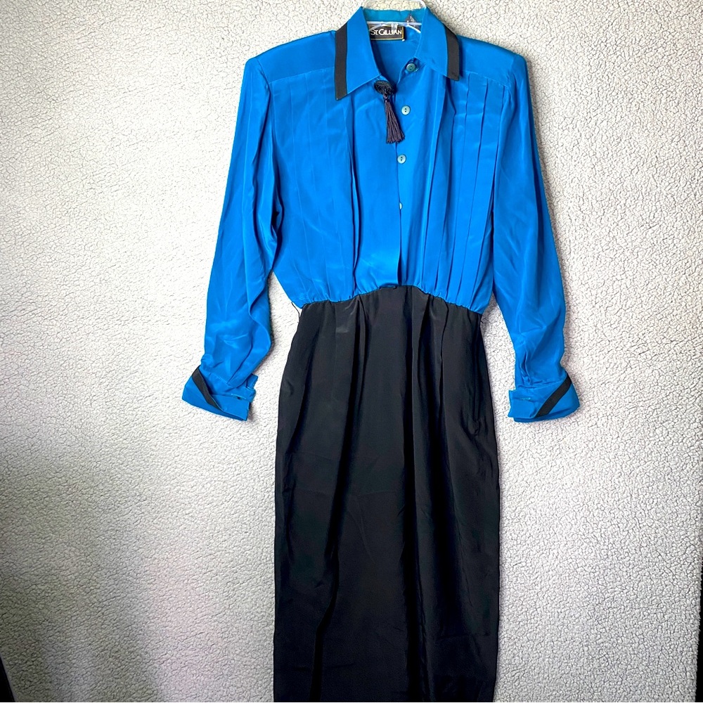 Vintage St Gillian Silk Dress Womens Size 4 Black Blue Long Sleeve - Picture 2 of 16
